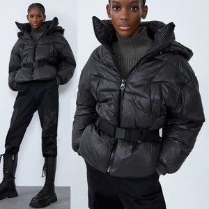 NEW Zara Black Sorona Dupont Removable Hood Soft Cozy Puffer Jacket with Belt